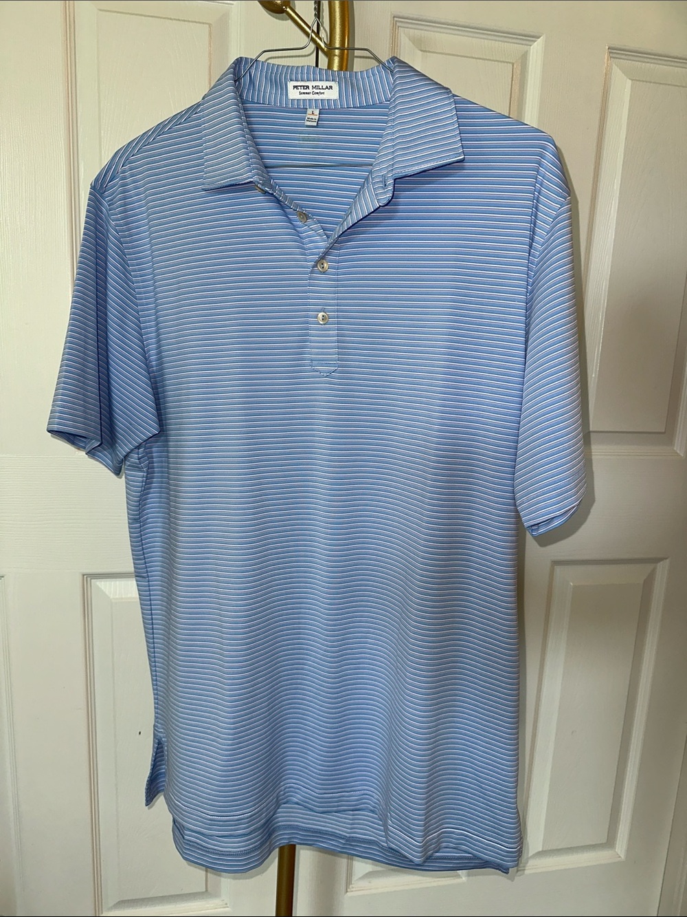 Peter Millar Summer Comfort performance polo blue with pink & white stripe L - Picture 2 of 9